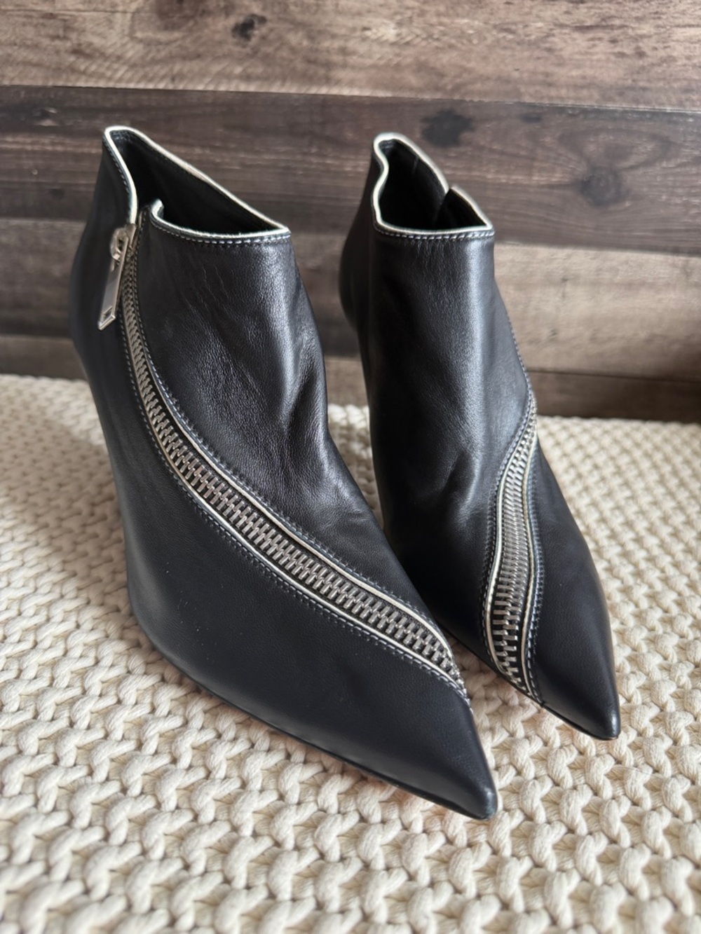 Women's CELINE blacked Pointed Leather Ankle Boots with Silver Zipper Detail